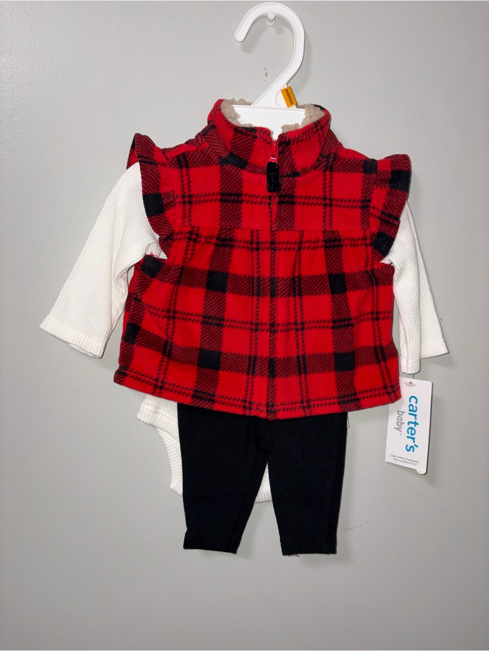 Carters 3 Piece Red Black Buffalo Plaid Fleece Vest Pants Body Suit Set NWT NB